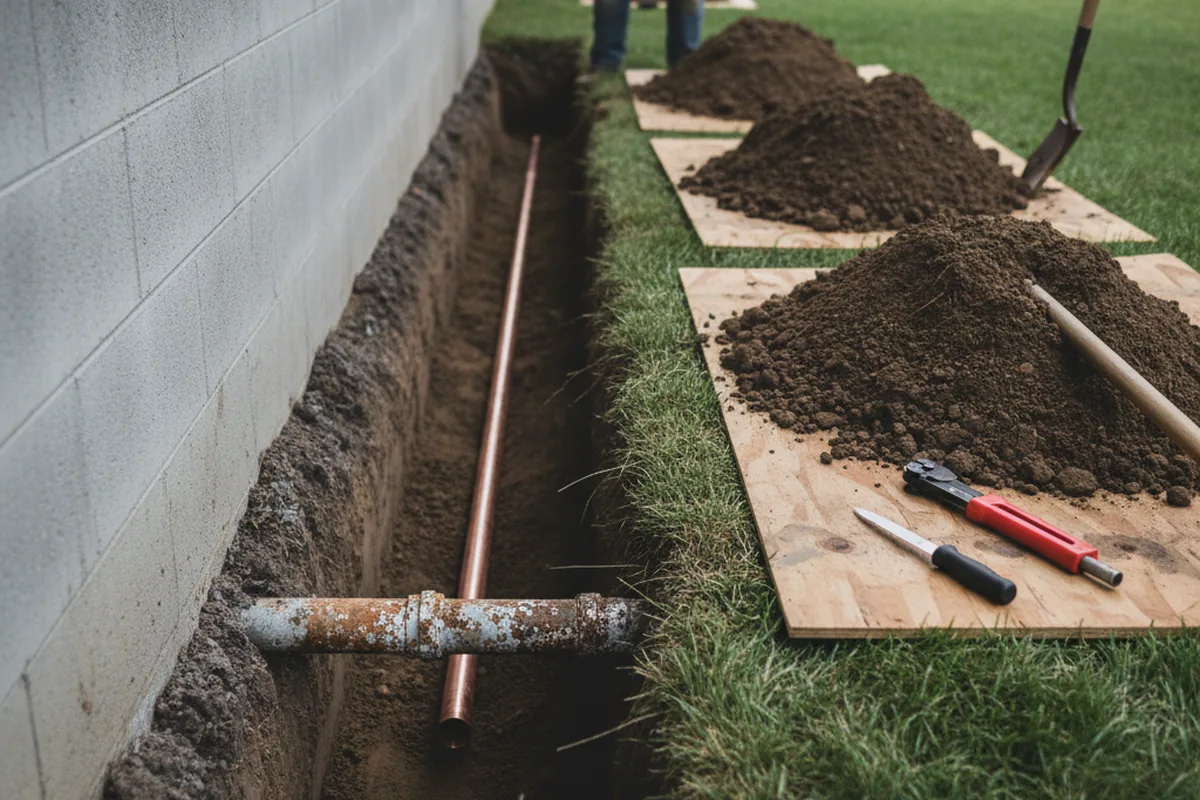 Excavated water line trench during Water Heater Repair in Pinole